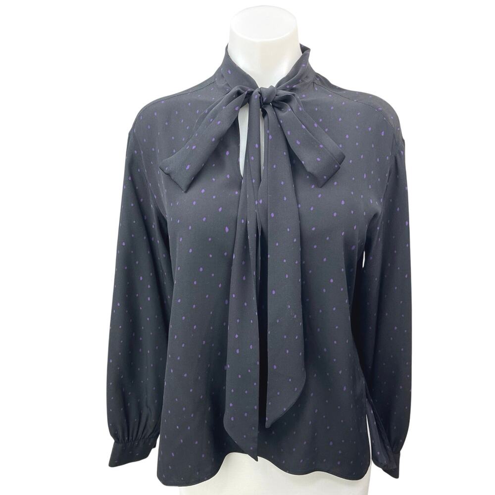 Scanlan Theodore Gray 100% Silk Polka Dots Bow Tie Long Sleeve Blouse Top Size 4